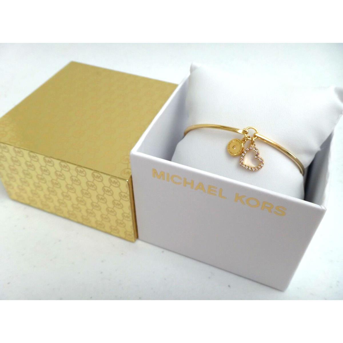 Michael Kors 2 Charms Logo Heart Yellow Gold Hook Eye Bracelet Crystals +box