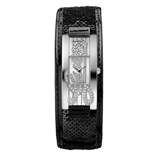 Guess Black Sequin Leather Cuff+crystals Logo Silver WATCH-W90055L1