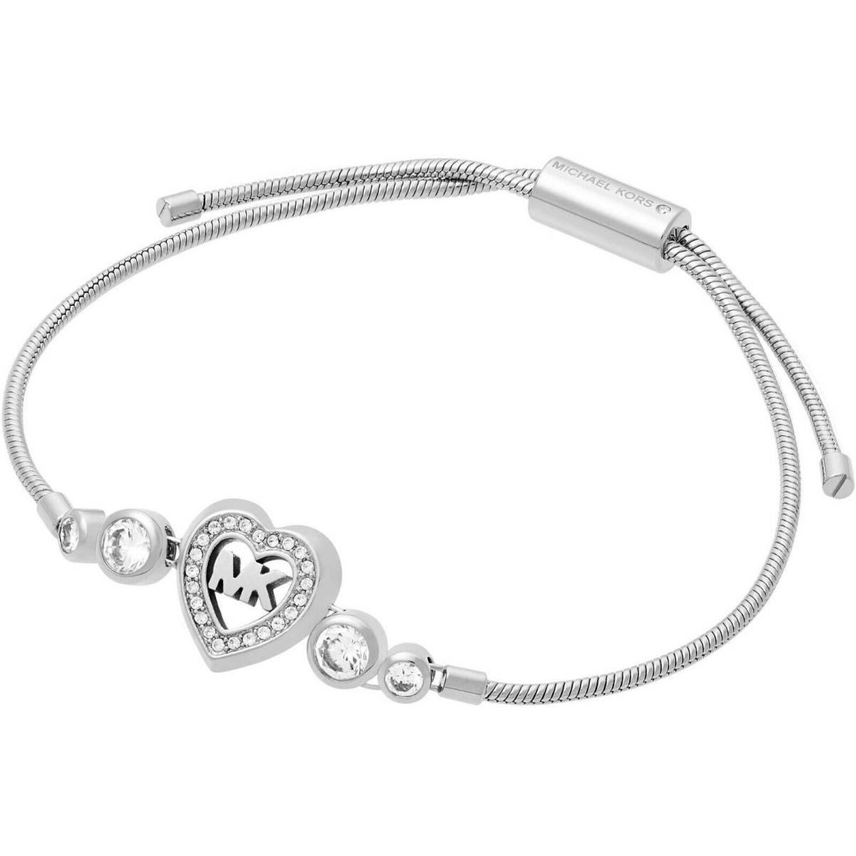 Michael Kors Heart Silver Slider Adjustable Bracelet Crystals MKJ7175040 +mk Box