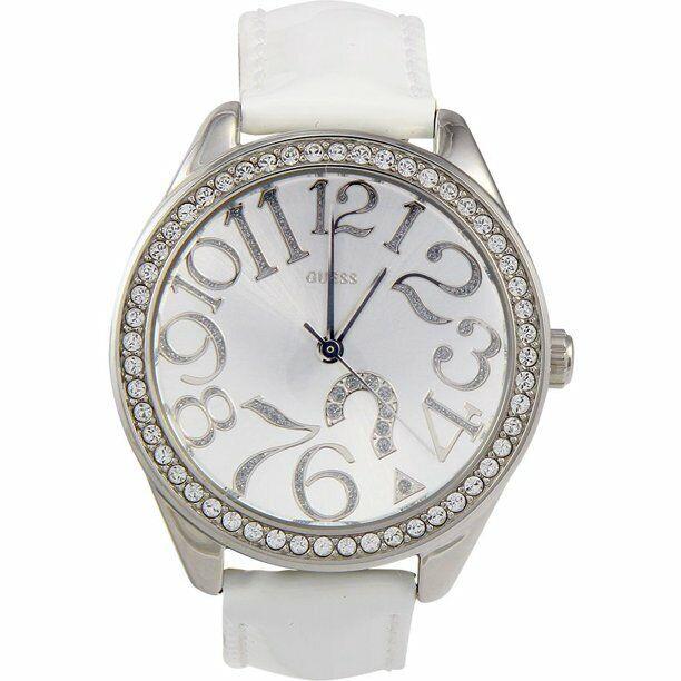 Guess Band,watch Silver Tone Crystals Bezel White Leather Band WATCH-G75960L