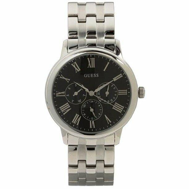 Guess Gents Silver Tone Black Roman Numerals Dial Bracelet Watch U10057G2