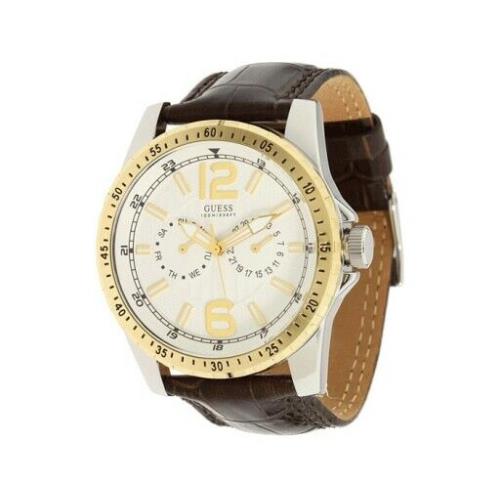 Guess Silver+gold 2 Tone Brown Croc Embossed Leather Band Watch U12006G1