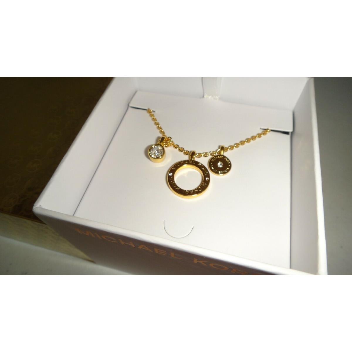 Michael Kors Yellow Gold 3-Pendants Necklace Single Crystal MKJ7576710 + MK Box