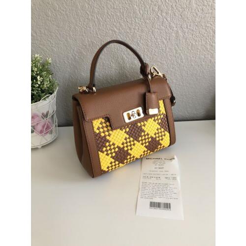 Sale Michael Kors Karson Mini TH Woven Leather Satchel Bag w Gift Receipt |  045868130582 - Michael Kors bag KARSON - Brown Handle/Strap, Gold Hardware,  Luggage/ Citrus Exterior | Fash Direct