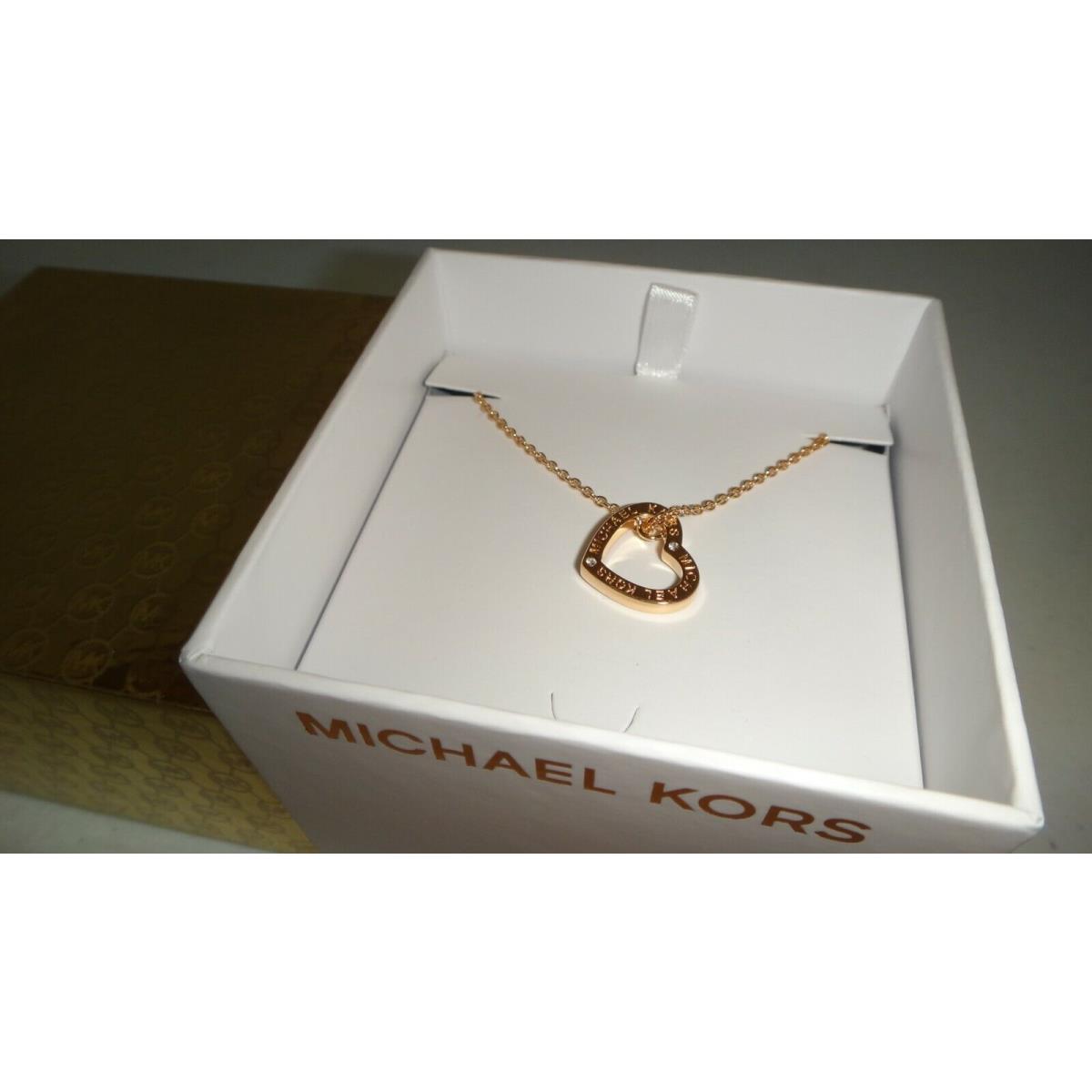 Michael Kors Rose Gold Stainless Steel MK Logo Heart Necklace MKJ7617791 +mk Box