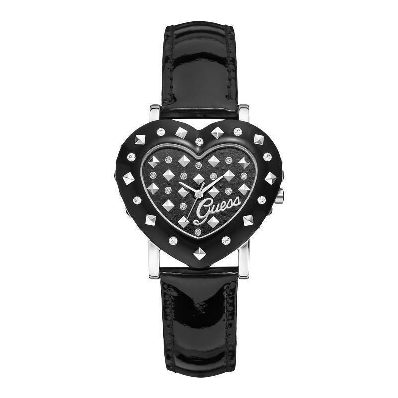 Guess Silver Black Tone Black Patent Leather Band Studed Heart WATCH-W0115L1
