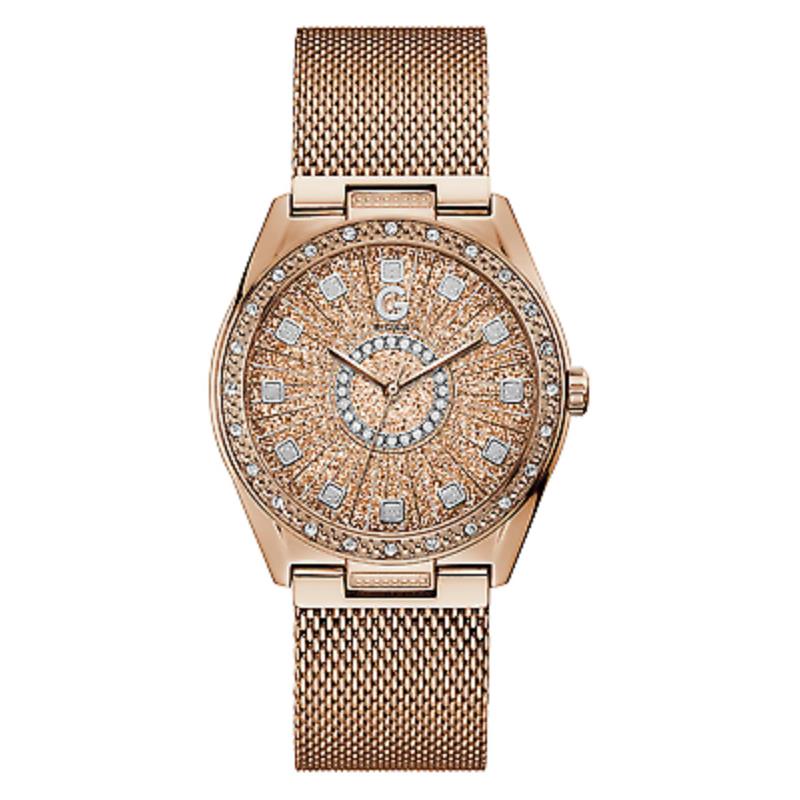 G BY Guess Rose Gold Sparkle Glitter Silver Dial Bracelet Watch G12907L1