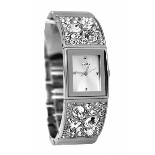 New-g BY Guess Silver Tone Crystals Cuff Bracelet Band WATCH-U0002L1