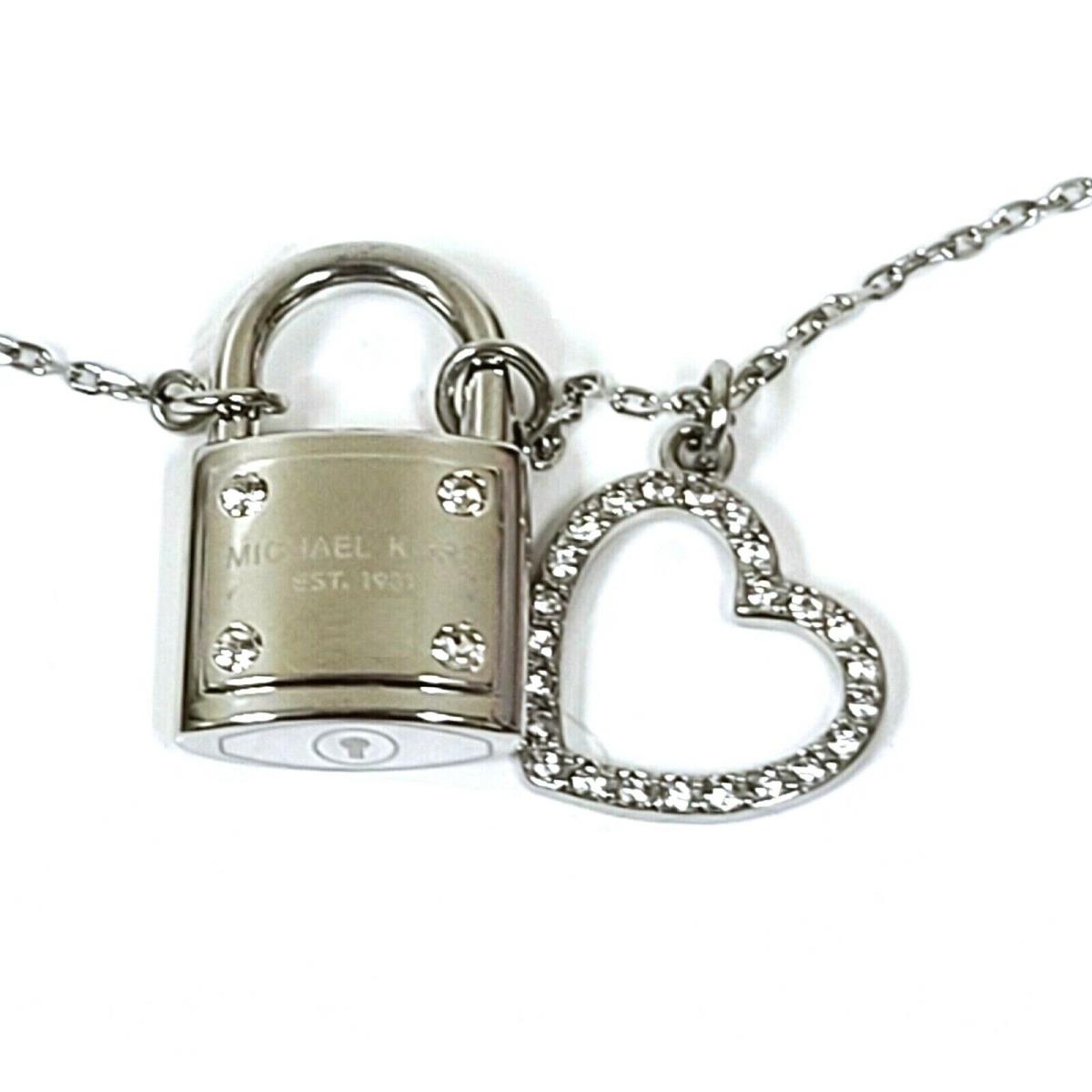 Michael Kors Silver Tone Large Padlock Cutout Heart Charm Chain Necklace