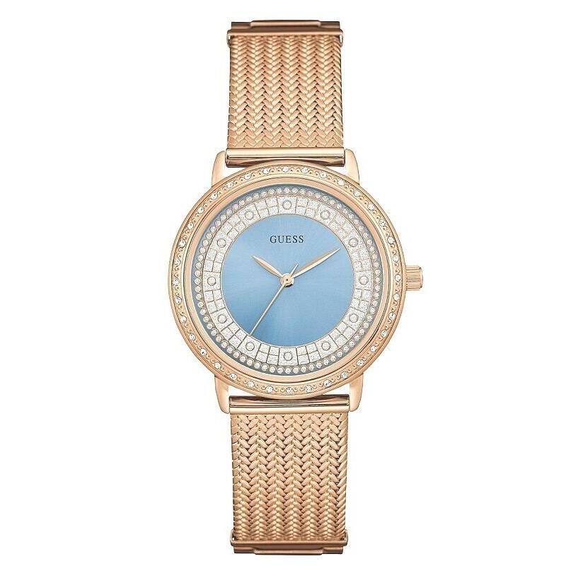 Guess Rose Gold Pave Crystal Glitz Blue Dial Mesh Bracelet WATCH-U0836L1