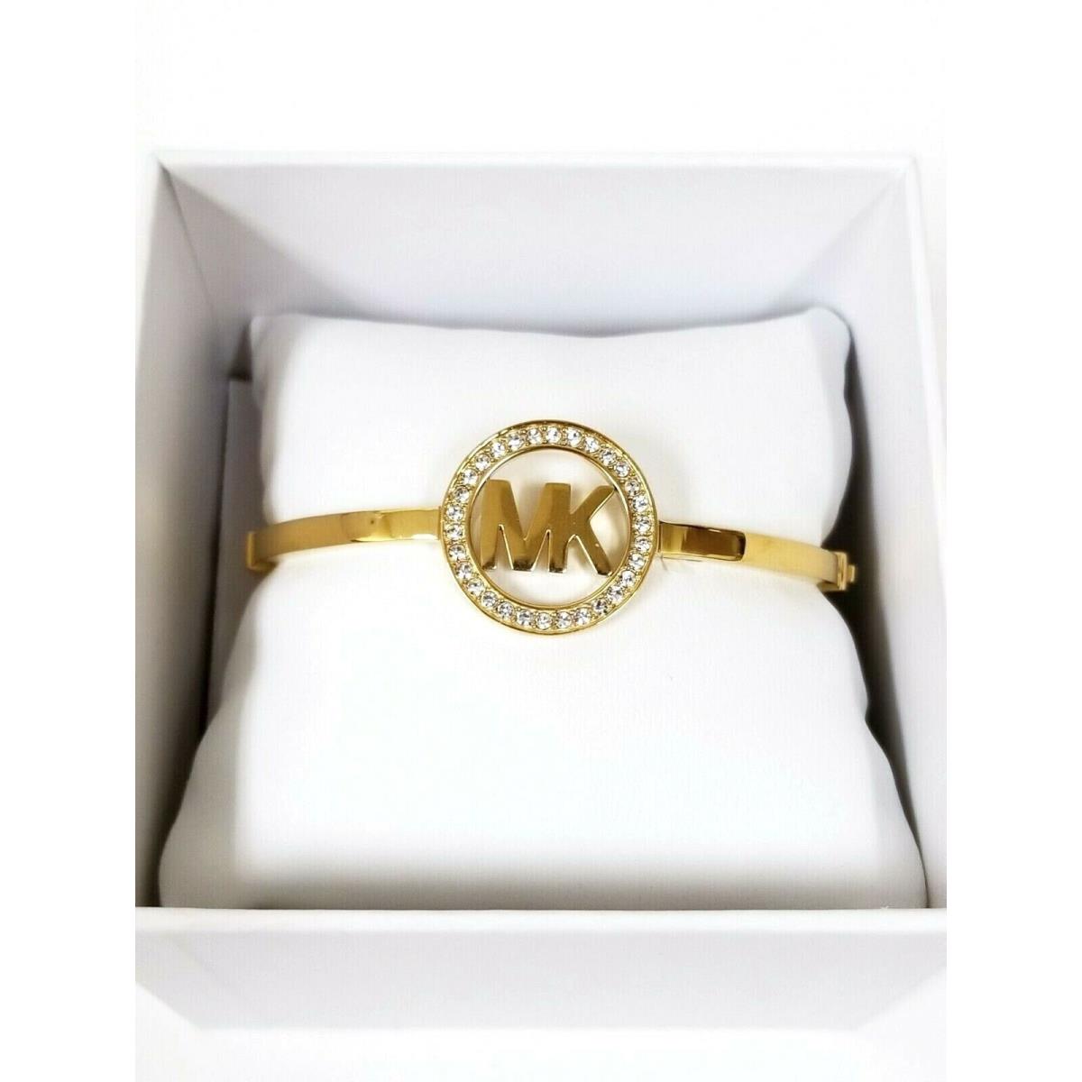 Michael Kors Gold Tone Round MK Logo Crystals Oval Cuff Bangle MKJ4116