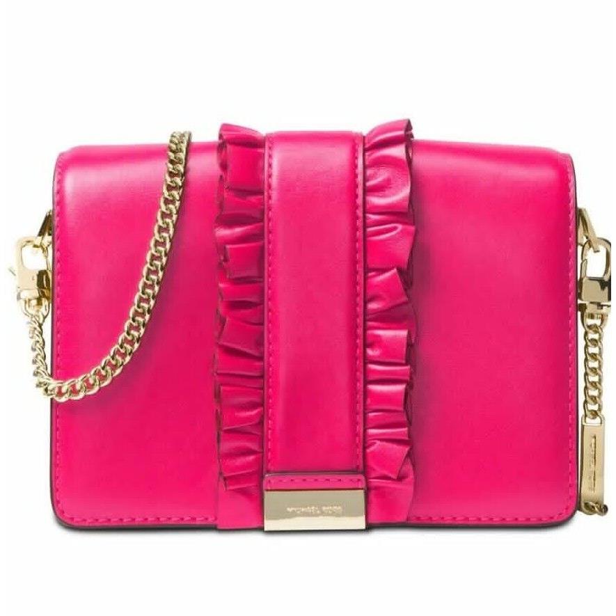 Michael Kors Jade MD Gusset Clutch Rows Ruffles Bag Leather Snap Ultra Pink