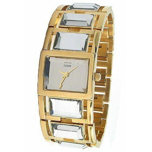 Guess Gold Tone Large Crystals Mirror Fancy Rectangle Bracelet Watch U16503L1