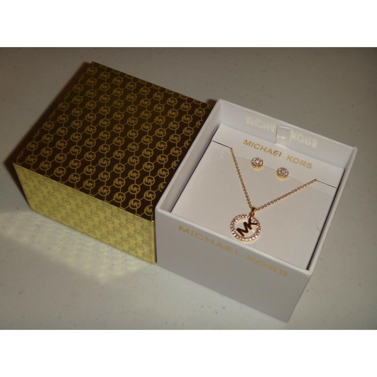 Michael Kors Gift Set Rose Gold MK Logo Necklace Earrings Crystals + MK Box  - Michael Kors jewelry - 796483518001 | Fash Brands