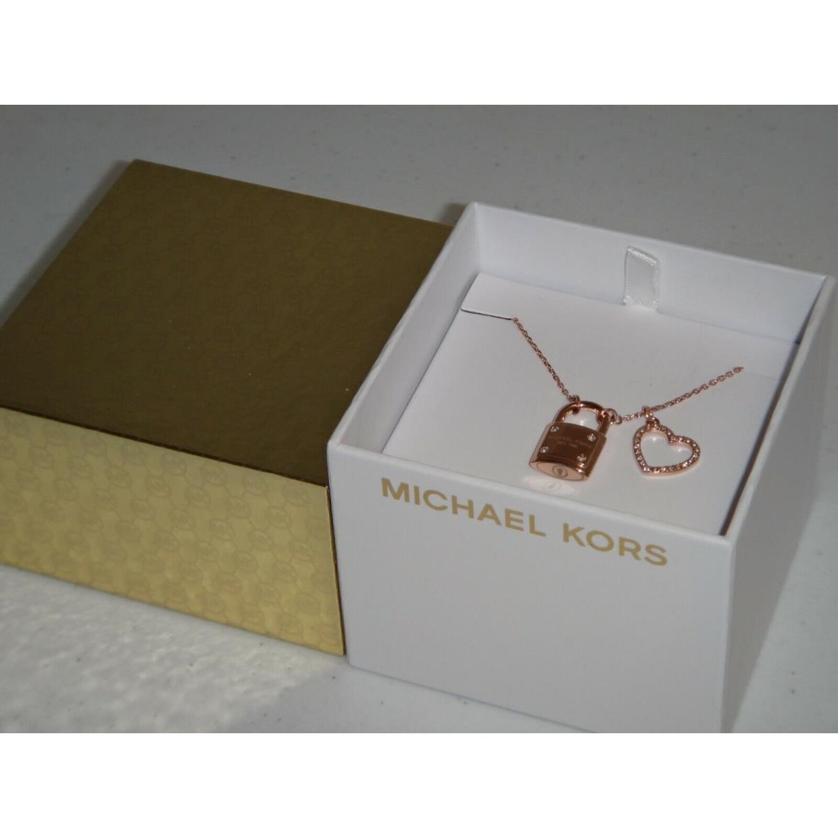 Michael Kors Rose Gold 2-Pendants Necklace Padlock Heart Crystals MKJ7400791+BOX