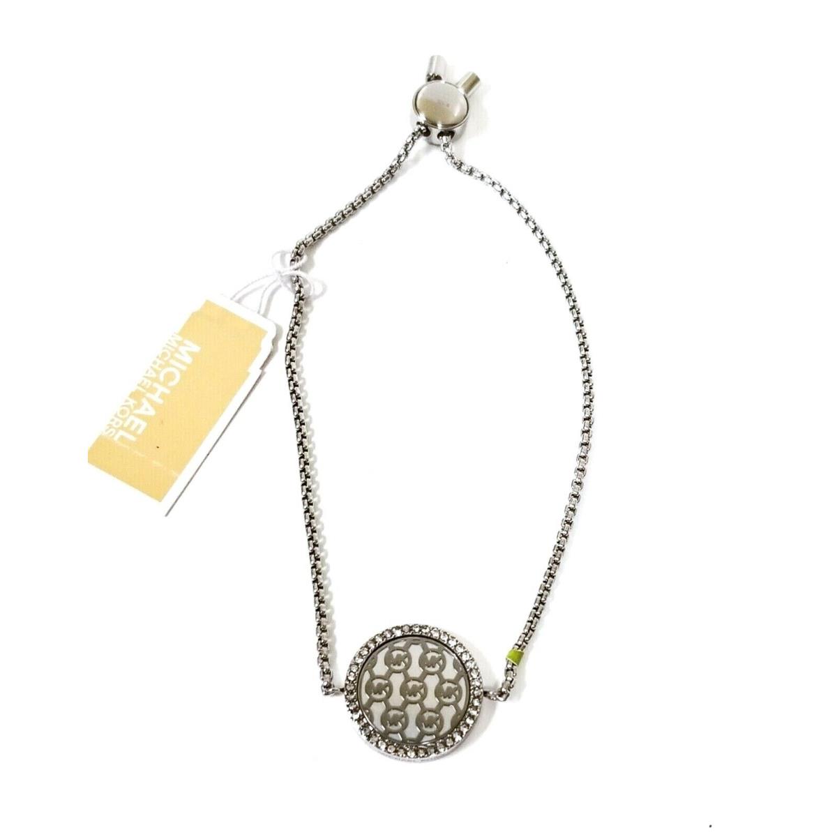 Michael Kors Silver Crystals Monogram Charm Stretchable Chain Bracelet MKJ5362