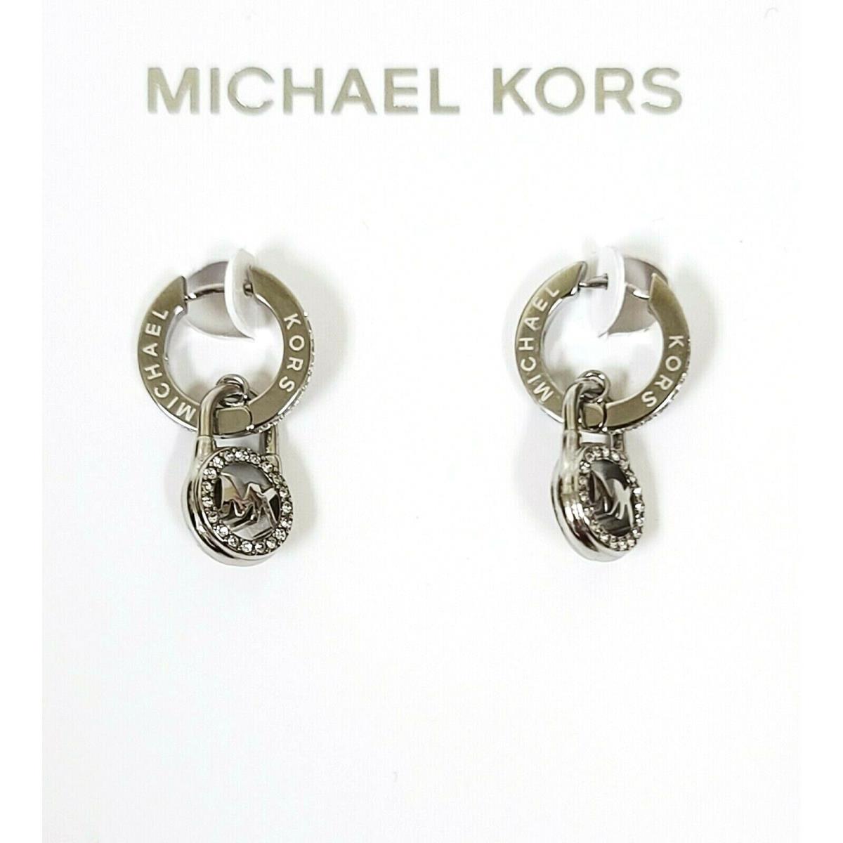 Michael Kors Silver Tone MK Logo Padlock Small Hoop Pave Earrings MKJ7390