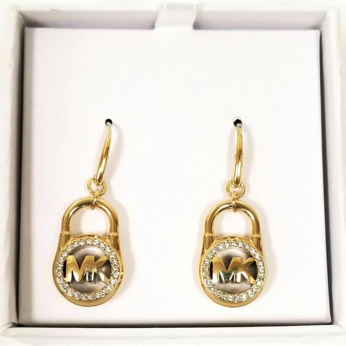 Michael Kors Gold Tone Crystals Glitz MK Padlock Drop Hook Earrings MKJ7392