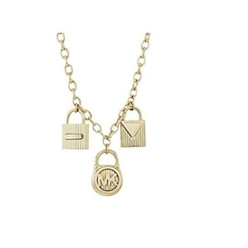 Michael Kors Gold Tone Chain Link 3 Padlock Charms Necklace MKJ6821