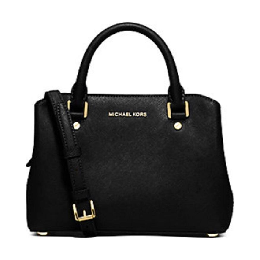 Michael Kors Small Savannah Gold Black Saffiano Leather Satchel Bag Tote