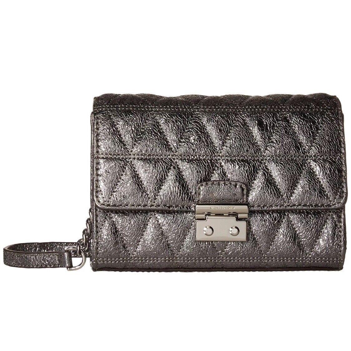 Michael Kors Ruby Metallic Quilted Clutch Cross Body Bag Pewter/silver