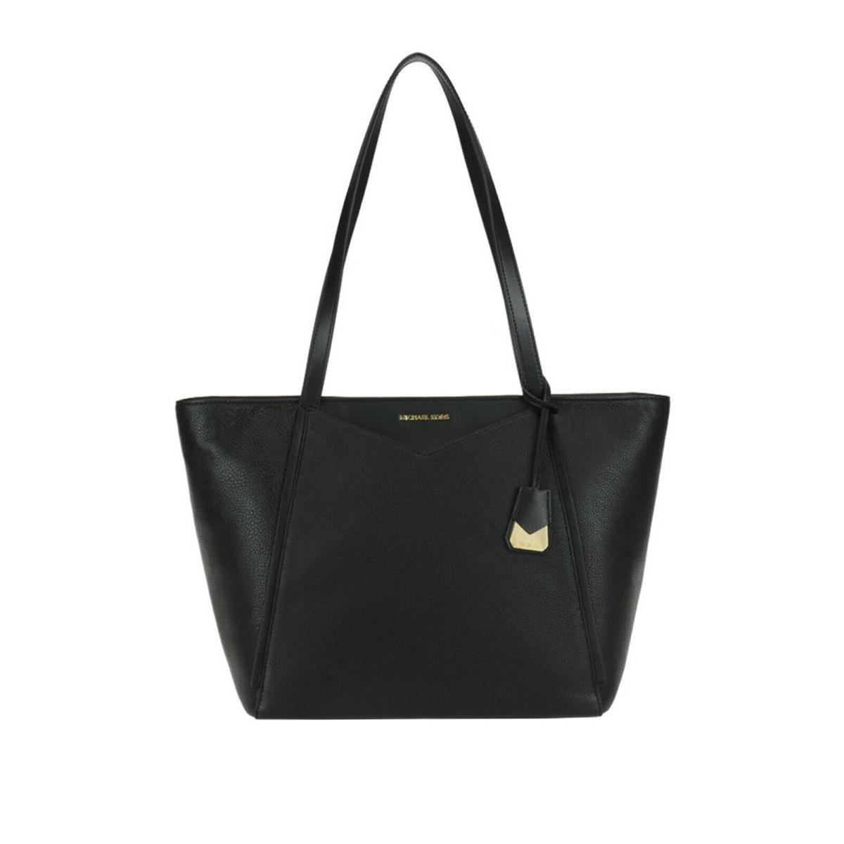 Michael Kors Whitney MK LG TZ Tote Bag Black Leather 30S8GN1T3L Gold Logo Charm