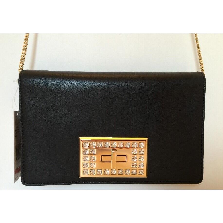 Michael Kors Ellie Medium Clutch Bag Black Leather Gold Hardware