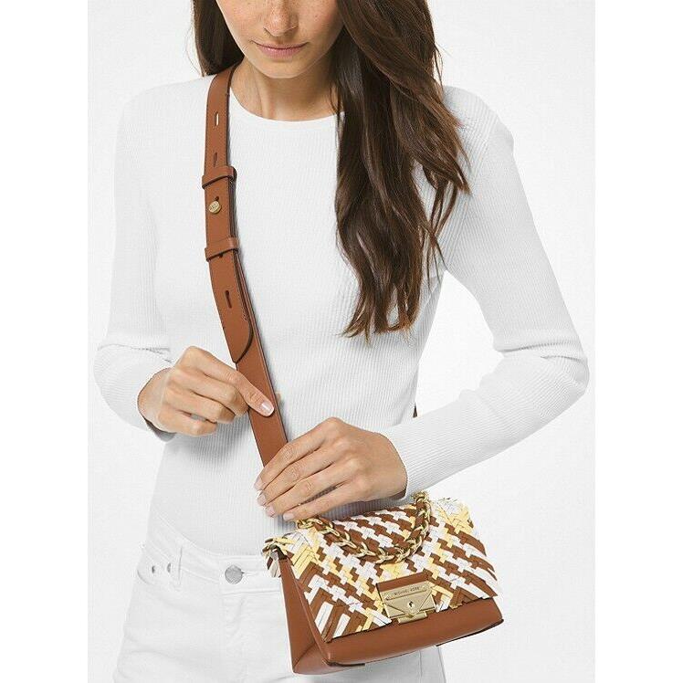 Michael Kors MK Cece X Small Color-block Woven Leather Crossbody Bag Brown