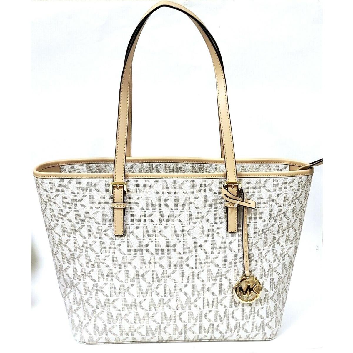 Michael Kors Jet Set Travel Vanilla White Pvc+tan Leather Trim Tote Bag