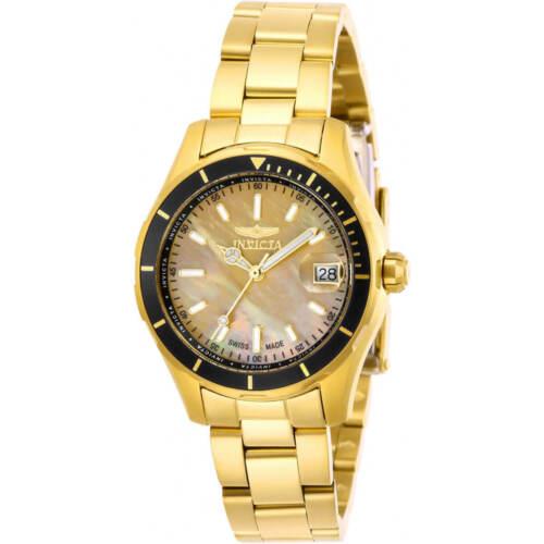 Invicta Women`s Watch Pro Diver Quartz Gold Mop Dial Yellow Gold Bracelet 28645 - Mother of Pearl Dial, Plated Stainless Steel Band