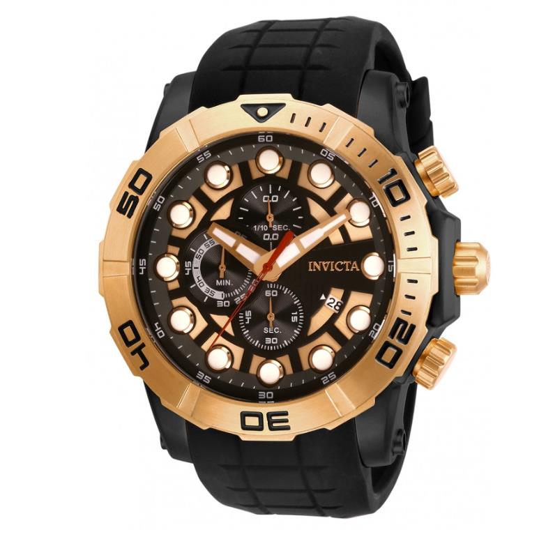 Invicta Sea Hunter Men`s 52mm Rose Gold Silicone Strap Chronograph Watch 28274 - Dial: Black, Gray, Rose Gold, Band: Black, Bezel: Black, Rose Gold