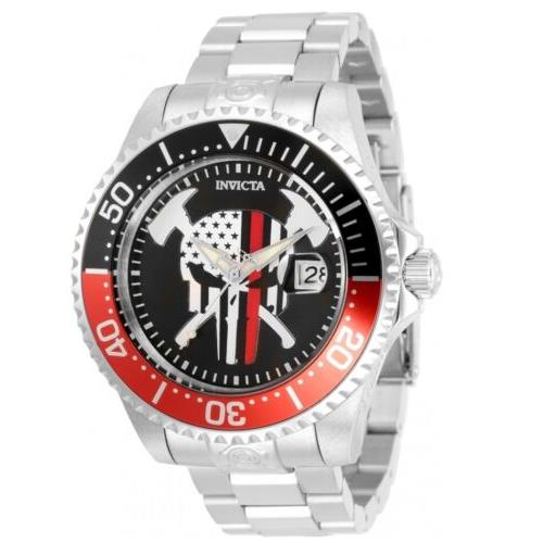 Invicta Grand Diver Automatic Men`s 47mm First Responder Skull Watch 31929 - Dial: Black, Band: Silver, Bezel: Red