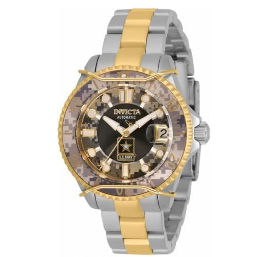 Invicta U.s. Army Automatic Women`s 38mm Two-tone Gold Camouflage Watch 31856 - Black Dial, Gold Band