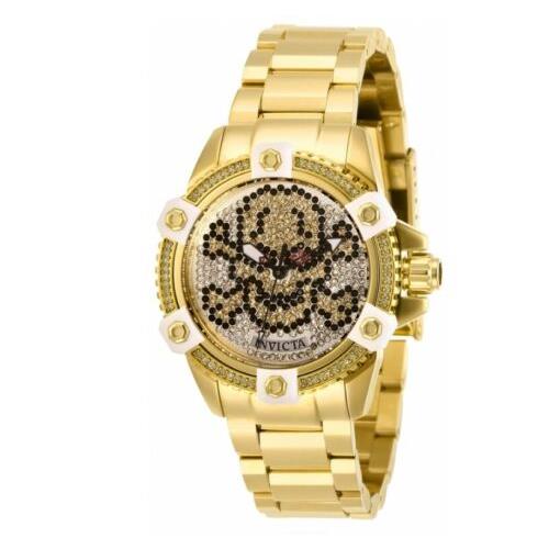 Invicta Women`s Octane Skull Pave Crystal 38mm Limited Swiss Quartz Watch 29313 - Gold Dial, Yellow Band