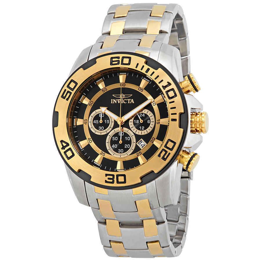 Invicta Pro Diver Chronograph Black Dial Men`s Watch 22322 - Dial: Black and Gold, Band: Two-tone (Silver-tone and Yellow Gold-plated), Bezel: Silver-tone