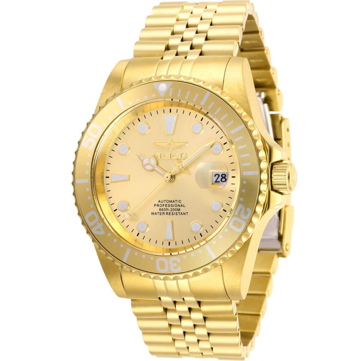 Invicta Men`s Watch Pro Diver Gold Tone Dial Automatic Yellow Bracelet 30096