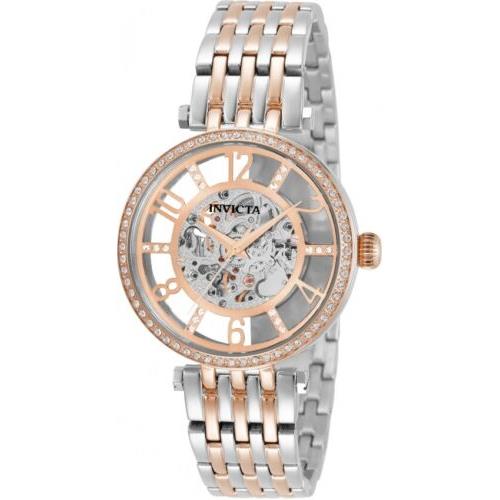 Invicta Women`s 32296 Objet D Art Automatic 3 Hand Rose Gold Dial Analog Watch - Dial: Rose Gold, Band: Silver