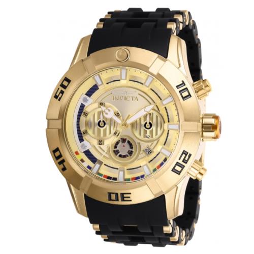 Invicta Star Wars C3P0 Limited Edition Men`s 50mm Chronograph Watch 26549 Rare - Dial: Gold, Band: Black, Bezel: Gold