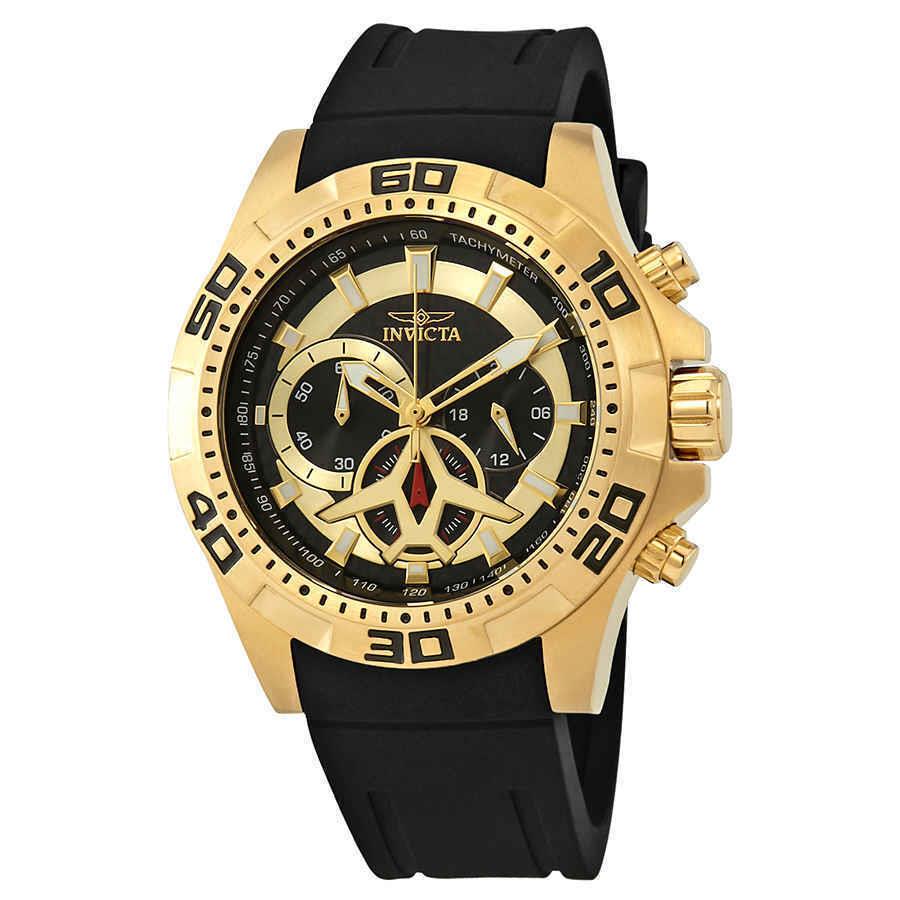 Invicta Aviator Black Carbon Fiber Dial Black Polyurethane Men`s Watch 21738 - Dial: Black Carbon Fiber, Band: Black, Bezel: Gold-plated