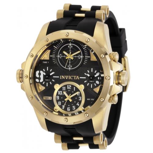 Invicta Coalition Forces Men`s 50mm 4-Time Zones Gold Military Watch 31141 - Gray Dial, Black Band, Gold Bezel
