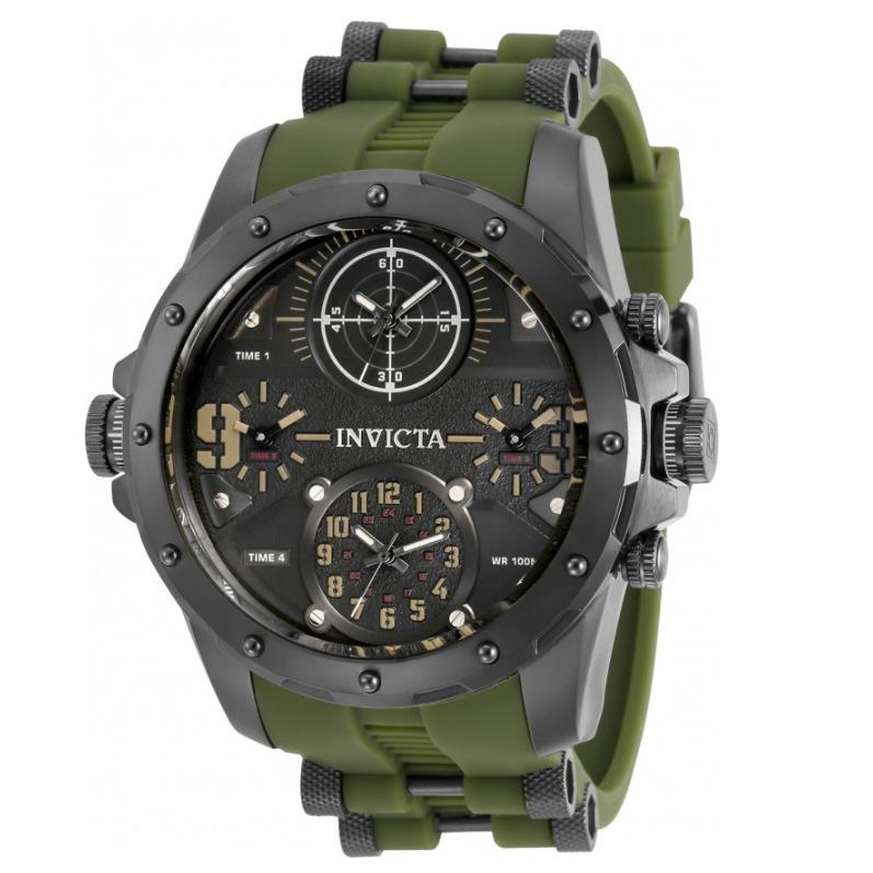 Invicta Coalition Forces Men`s 50mm 4-Time Zones Gunmetal Military Watch 31138 - Dial: Gray, Multicolor, Band: Green, Bezel: Gunmetal