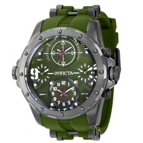 Invicta Coalition Forces Men`s 50mm 4-Time Zones Gunmetal Military Watch 39356 - Dial: Green, Band: Green, Bezel: Gray