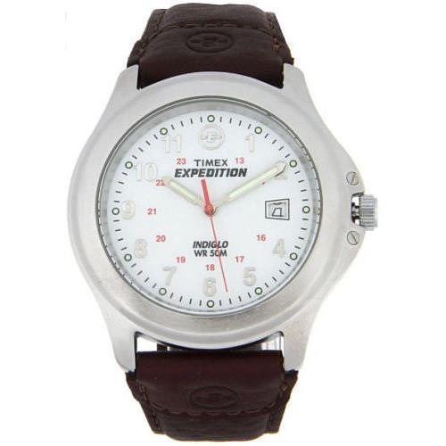 Timex T44381 Men`s Expedition Brown Leather Watch Indiglo Date - Dial: White, Band: Brown