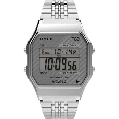 Timex Unisex Watch T80 Grey Digital Dial Alarm Function Steel Bracelet TW2R79300 - Dial: Grey, Band: Silver