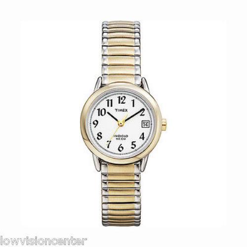 Ladies` Two Tone Timex Watch with Date Indiglo Light For Low Vision Easy to See