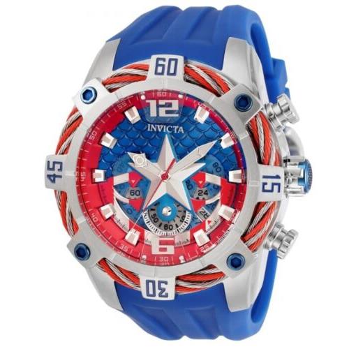 Invicta Marvel Captain America Mens 52mm Limited Edition Chronograph Watch 33162 - Dial: Blue, Multicolor, Red, White, Band: Blue, Bezel: Red, Silver