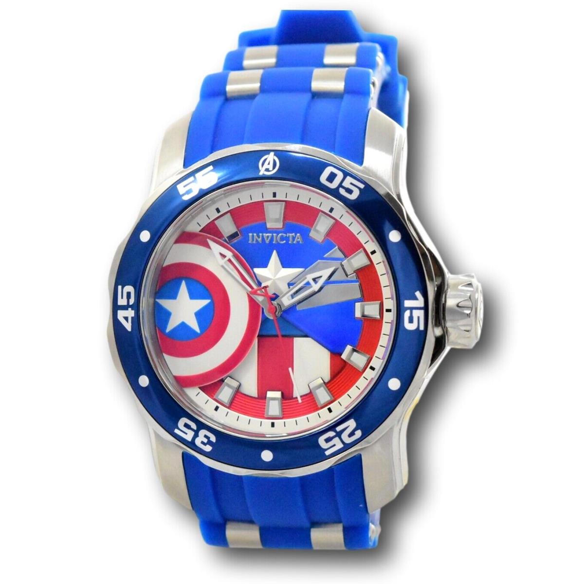 Invicta Marvel Captain America Men`s 48mm Limited Edition Quartz Watch 34743 - Dial: Blue, Multicolor, Red, White, Band: Blue, Bezel: Blue, Silver