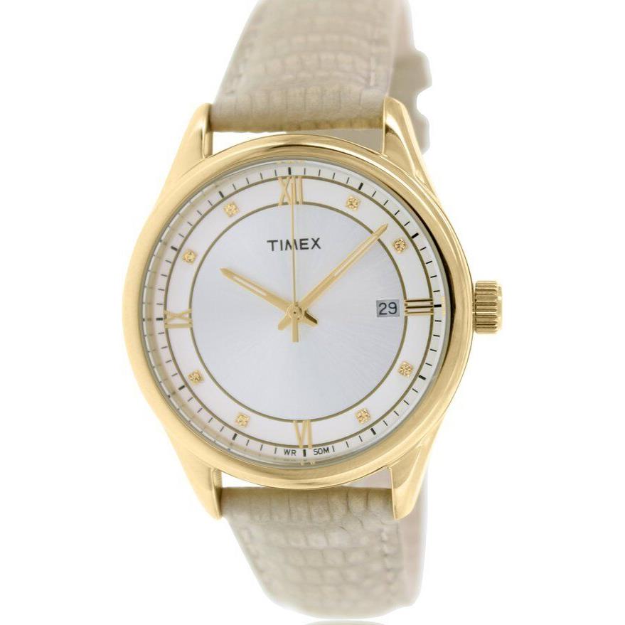 Timex Gold Tone Beige Leather Band Beige+silver+diamond Dial Watch T2P556