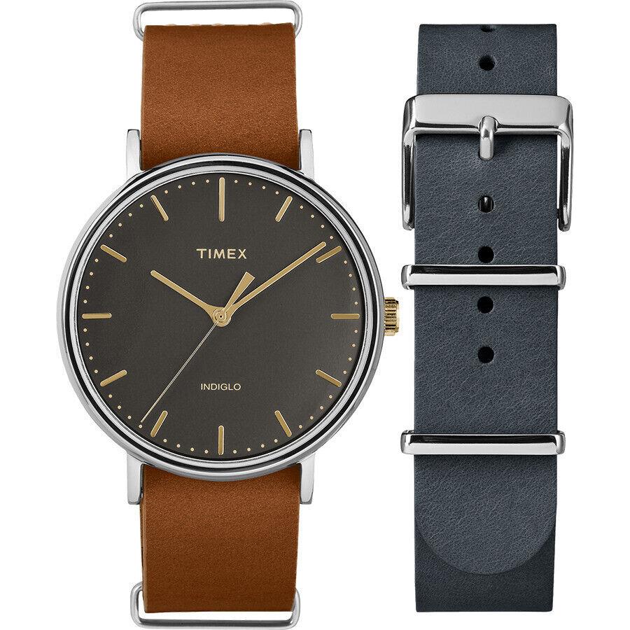 Timex Silver Tone Brown+gray Leather Bands Gold Accent 2 PC Set Watch TWG016500