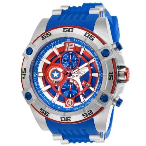 Invicta Marvel Captain America Mens 52mm Limited Edition Chronograph Watch 26780 - Red/Blue/White Dial, Silver Band, Red Bezel